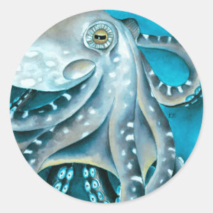 Sticker Rond Détails de l'aquarelle bleu octopus