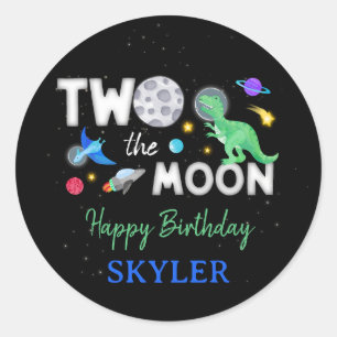 Sticker Rond Deux à la Lune Dinosaure Astronaute 2e Anniversair