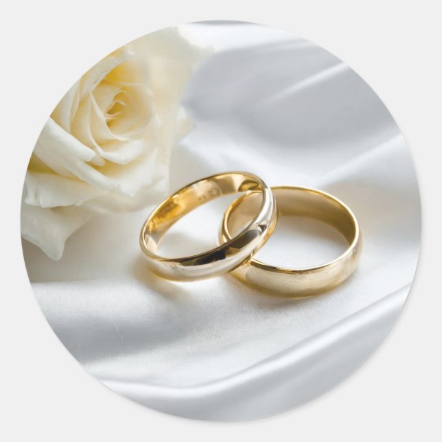 Sticker Rond Deux anneaux mariages sur satin avec rose blanche (Devant)