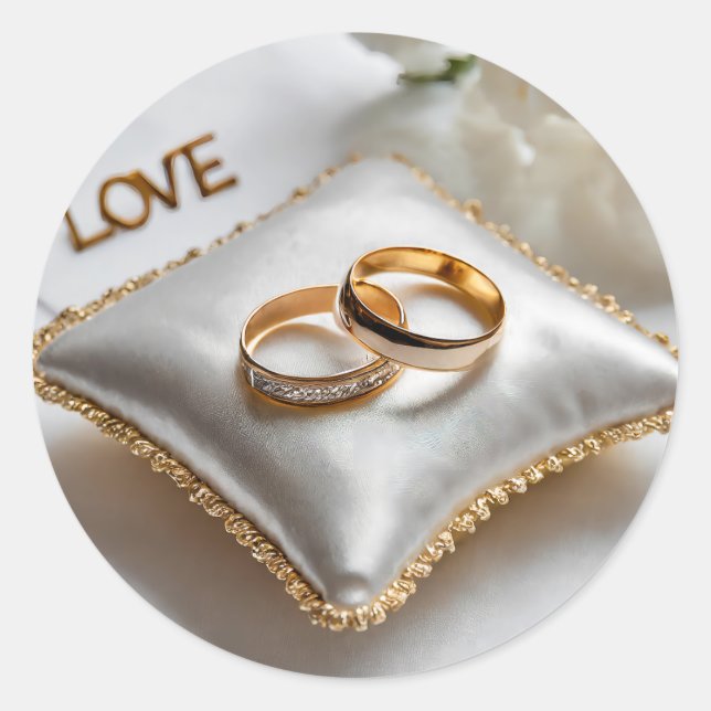 Sticker Rond Deux bagues mariages sur un coussin blanc (Devant)