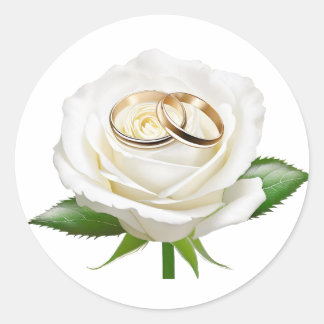Sticker Rond Deux bagues mariages sur une rose blanche