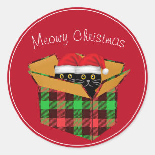 Sticker Rond Deux Chats Noirs Mignons En Boîte Noël Meowowy