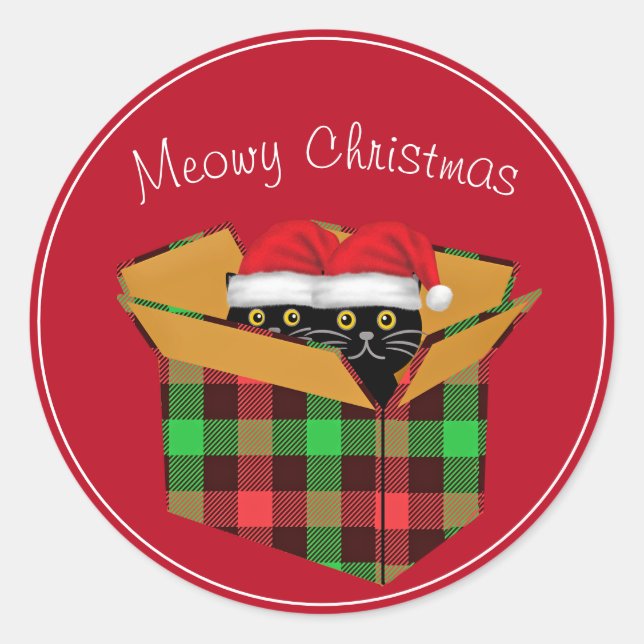 Sticker Rond Deux Chats Noirs Mignons En Boîte Noël Meowowy (Devant)