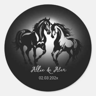 Sticker Rond Deux chevaux en amour noir blanc cheval couple amo