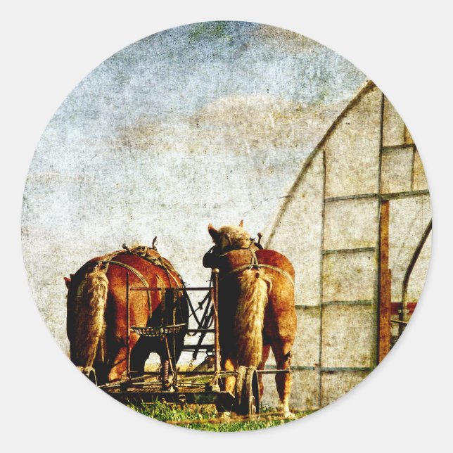 Sticker Rond Deux Chevaux Prêts Pour Le Travail (Devant)