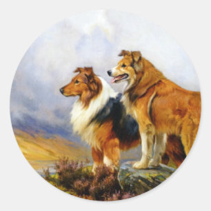 Sticker Rond Deux Chiens Collie au-dessus d'un lac