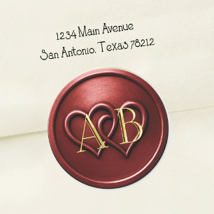 Sticker Rond Deux cœurs entrelacés Monogramme Mariage Rouge pro