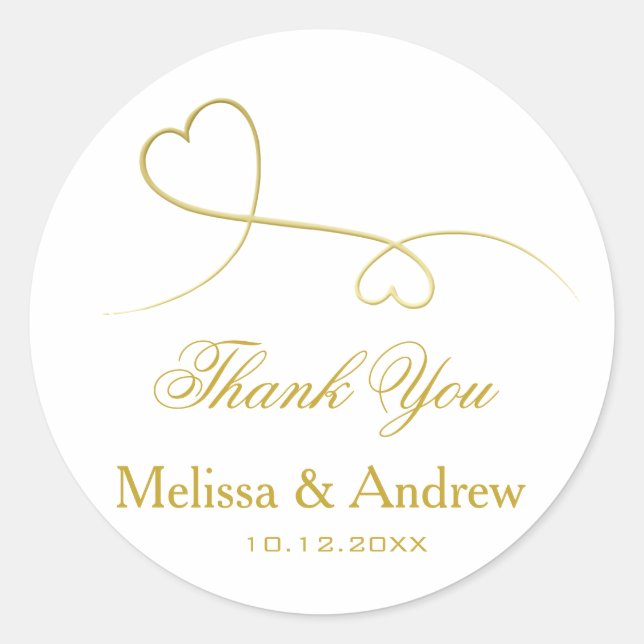Sticker Rond Deux Coeurs Or Élégants | MERCI MARIAGE (Devant)