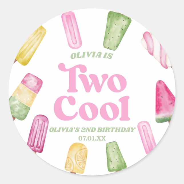 Sticker Rond Deux Cool Pink Retro Popsicle 2ème anniversaire fê (Devant)