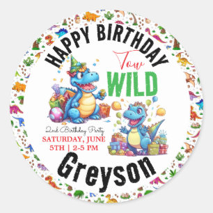 Sticker Rond Deux Dino Wild Party Boy Dinosaur 2e anniversaire