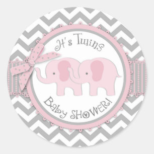 Sticker Rond Deux éléphants roses gris blanc Baby shower Chevro