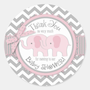 Sticker Rond Deux éléphants roses gris blanc Merci Chevron
