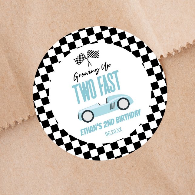 Sticker Rond Deux Fast Blue Race Car 2e fête d'anniversaire (Créateur téléchargé)