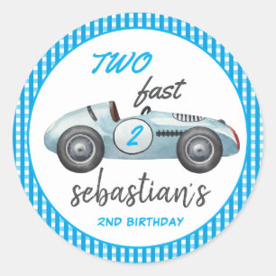 Sticker Rond Deux Fast Blue Race Car 2e Invitation anniversaire