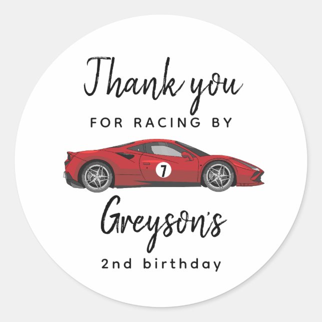 Sticker Rond Deux Fast Race Car Boy 2e fête d'anniversaire (Devant)