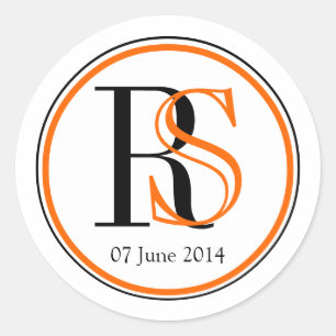 Sticker Rond Deux initiales modernes Mariage noir orange