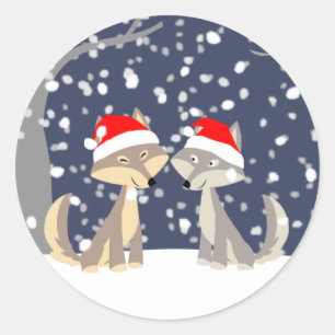 Sticker Rond Deux loups dans l'autocollant de Noël d'hiver