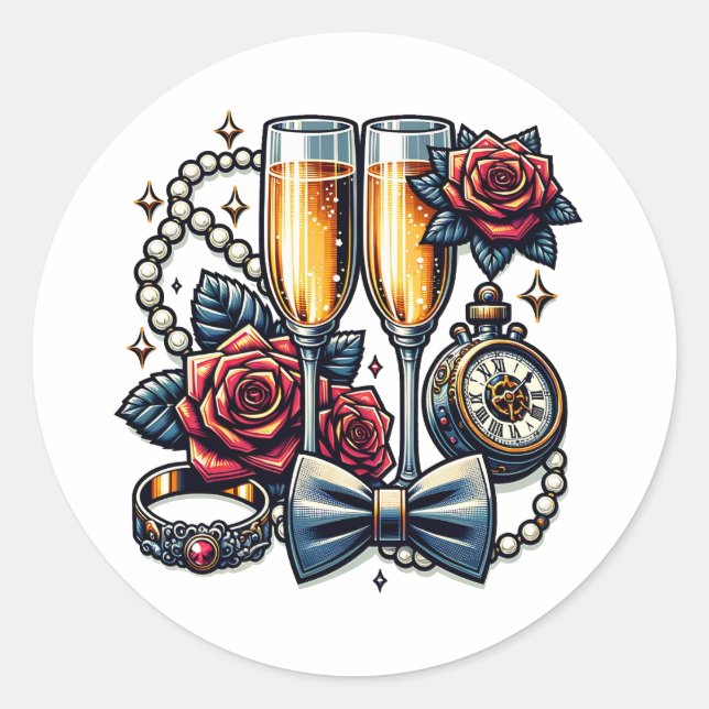 Sticker Rond Deux Lunettes de Champagne, Mariage (Devant)