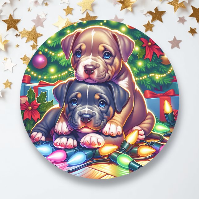 Sticker Rond Deux mignons chiots qui jouent sous l'arbre de Noë (Créateur téléchargé)