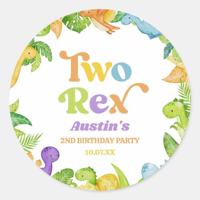 Sticker Rond Deux Rex Dinosaur 2ème fête d'anniversaire (Devant)