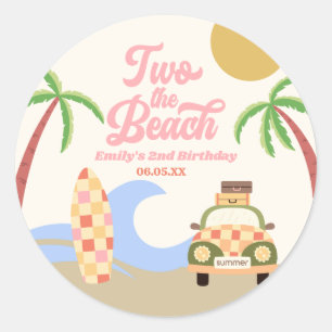 Sticker Rond Deux The Beach Surf Board Rose 2e fête d'anniversa