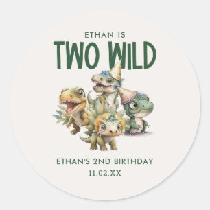 Sticker Rond Deux Wild Cute Dinosaur 2e fête d'anniversaire Fav