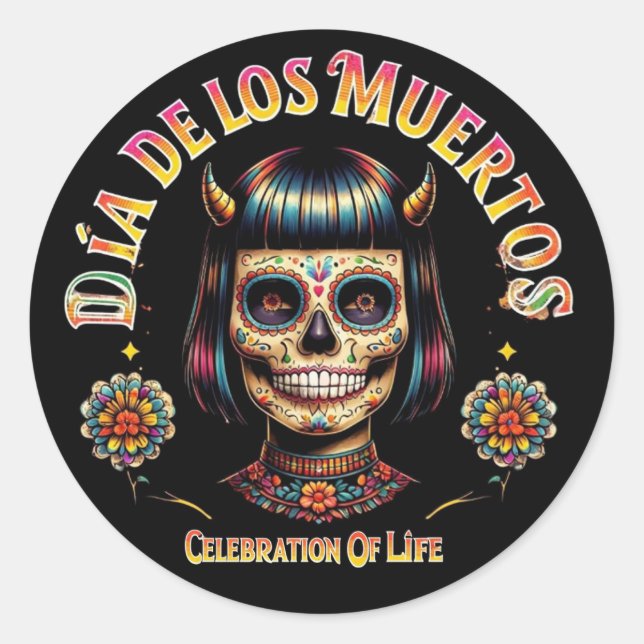 Sticker Rond Dia De Los Muertos Sugar Skull Balloon - Custom (Devant)