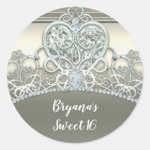 Sticker Rond Diadème Anniversaire Princesse Cœur en Platine et 