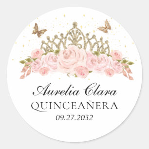Sticker Rond Diadème élégant rose pâle floral or Quinceanera