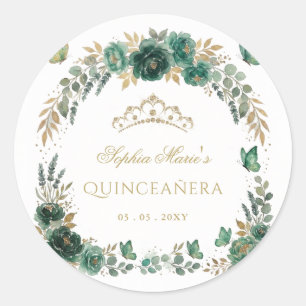 Sticker Rond Diadème Émeraude Papillon Floral Or Quinceañera