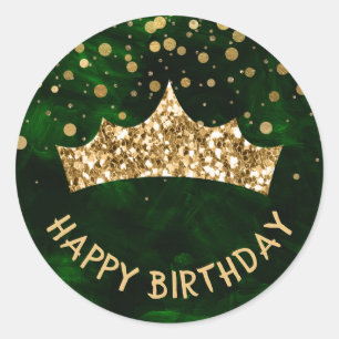 Sticker Rond Diadème en or avec bokeh or & Vert anniversaire