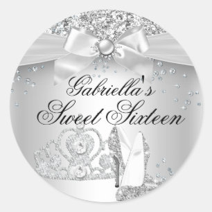 Sticker Rond Diadème Étincelant & Talons Argent Sweet 16 Autoco