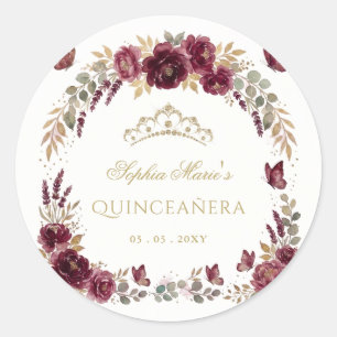 Sticker Rond Diadème Floral Papillon Bourgogne Or Quinceañera