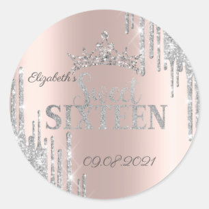 Sticker Rond Diadème gouttes de paillettes argent rose or rose