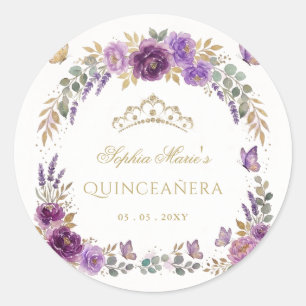 Sticker Rond Diadème Papillon Floral Violet Or Quinceañera
