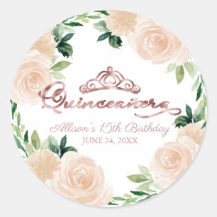 Sticker Rond Diadème Rose Gold Quinceanera Fleurs Rose Pâle