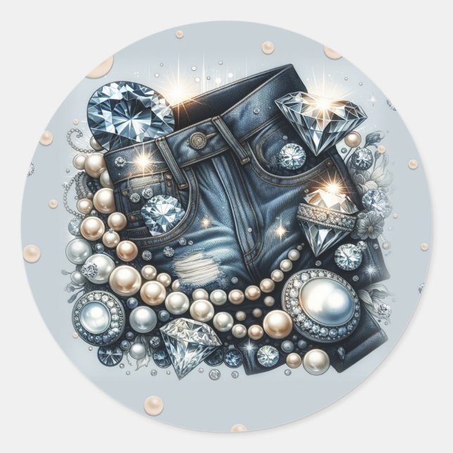 Sticker Rond Diamants de Denim & Perles Jeans Bling Fête d'anni (Devant)