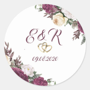 Sticker Rond Diamants d'or Bourgogne Floral Hearts Mariage