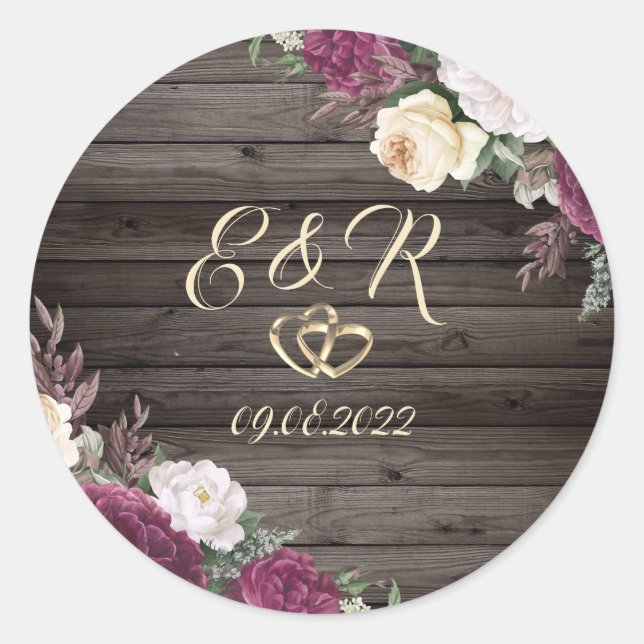 Sticker Rond Diamants d'or Fleurs Bourgogne Coeurs Bois (Devant)