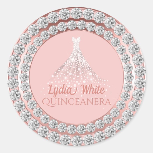 Sticker Rond Diamants d'or rose robe étincelante Quinceanera (Devant)