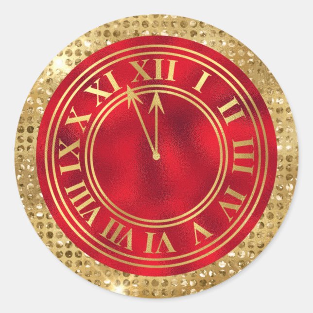 Sticker Rond Diamants dorés sur l'horloge rouge du Nouvel An (Devant)