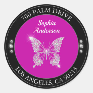Sticker Rond Diamond Button, Black & Fuchsia Adresse de retour