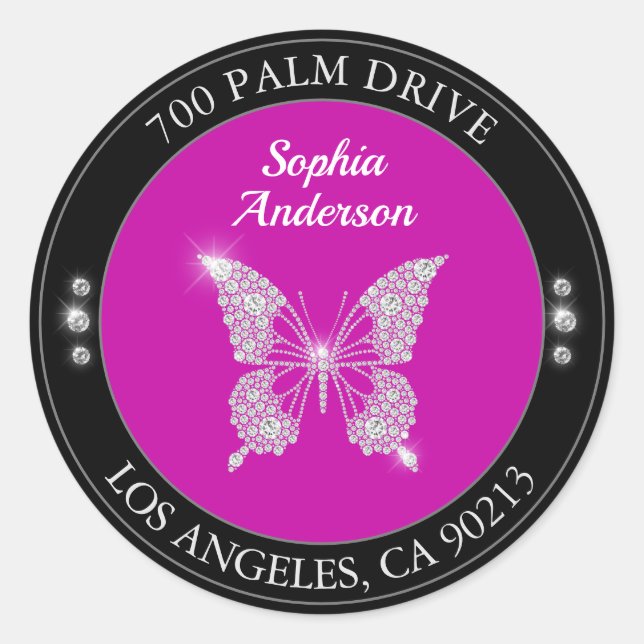 Sticker Rond Diamond Button, Black & Fuchsia Adresse de retour (Devant)