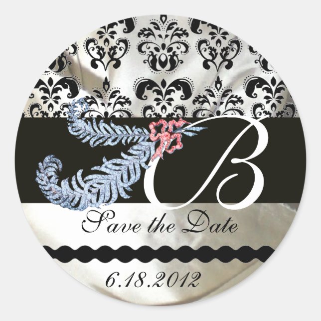 STICKER ROND DIAMOND FEATHERS BLACK SILK DAMASK MONOGRAM (Devant)