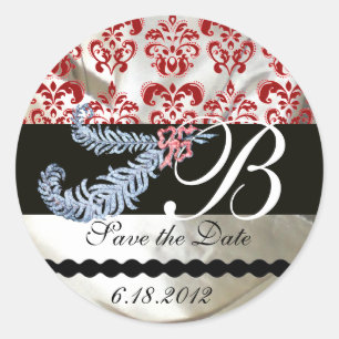 STICKER ROND DIAMOND FEATHERS WHITE RED SILK DAMASK MONOGRAM