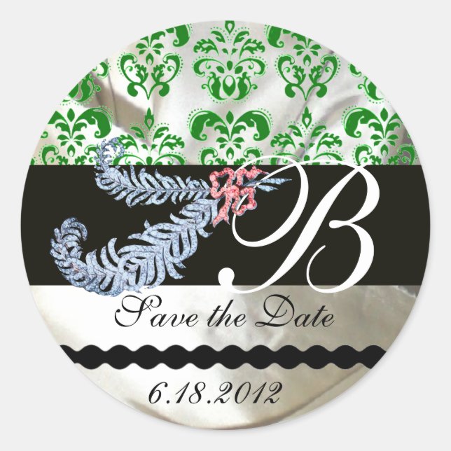 STICKER ROND DIAMOND FEATHERS WHTE GREEN SILK DAMASK MONOGRAM (Devant)