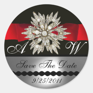 STICKER ROND DIAMOND STARS BLACK WHITE RED RIBBON MONOGRAM