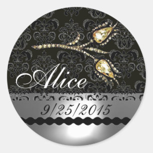 Sticker Rond DIAMOND TULIPS BLACK WHITE GRAY DAMASK, Enregistre