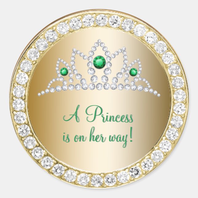 Sticker Rond Diamonds Gold Princess Emerald Tiara Baby shower (Devant)