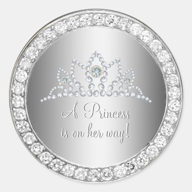 Sticker Rond Diamonds Silver Princess Tiara Baby shower Favoris (Devant)